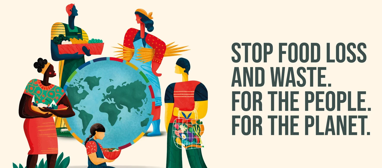 Ilustración de la campaña de FAO con personas y alimentos alrededor del planeta