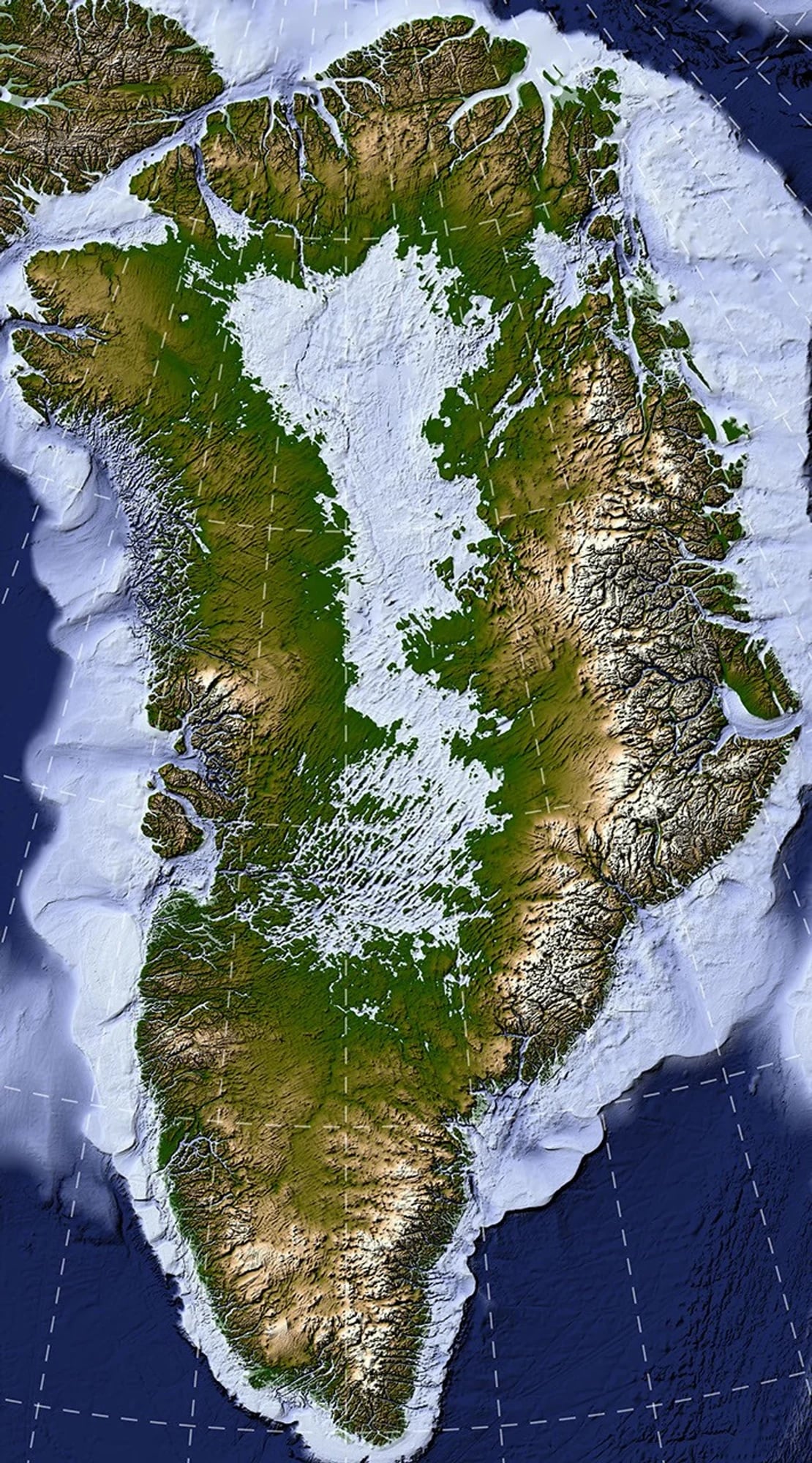 Visualización del relieve rocoso de Groenlandia y su red de valles bajo la capa de hielo